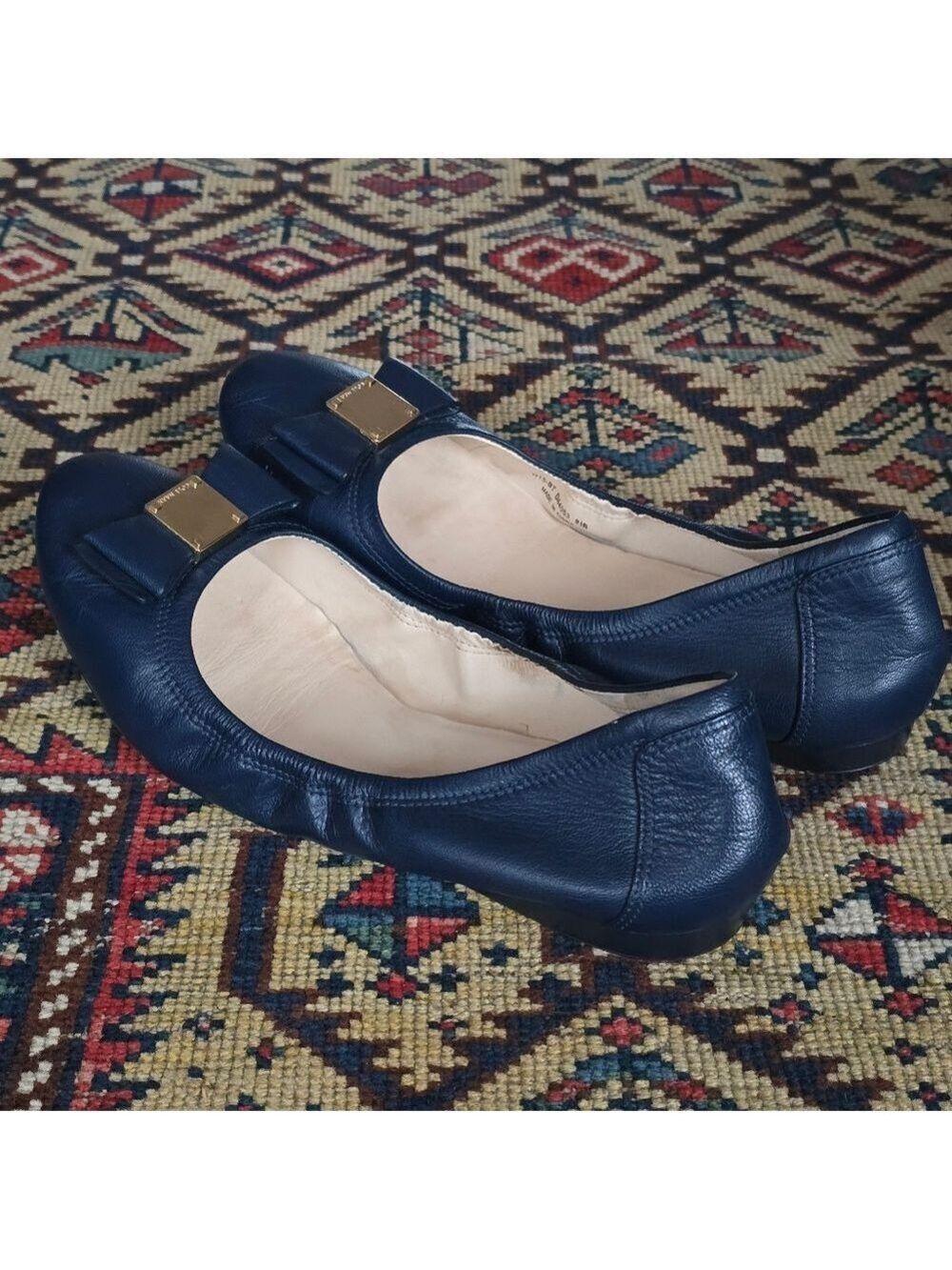 Cole Haan Emory Navy Leather Bow Gold Logo Ballet Flats - Picture 7 of 14